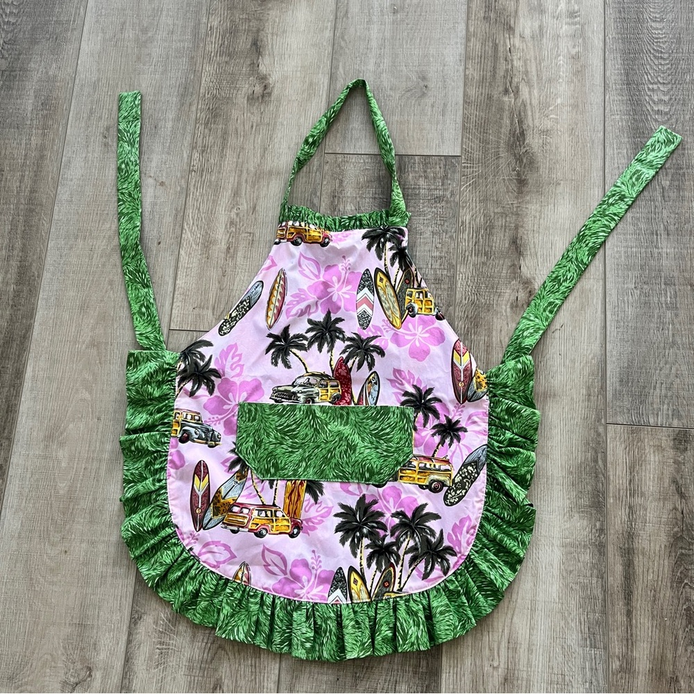 Rare ONE OF A KIND CUSTOM Apron Handmade Frilly CTN REVERSIBLE DESIGNS Tropical
